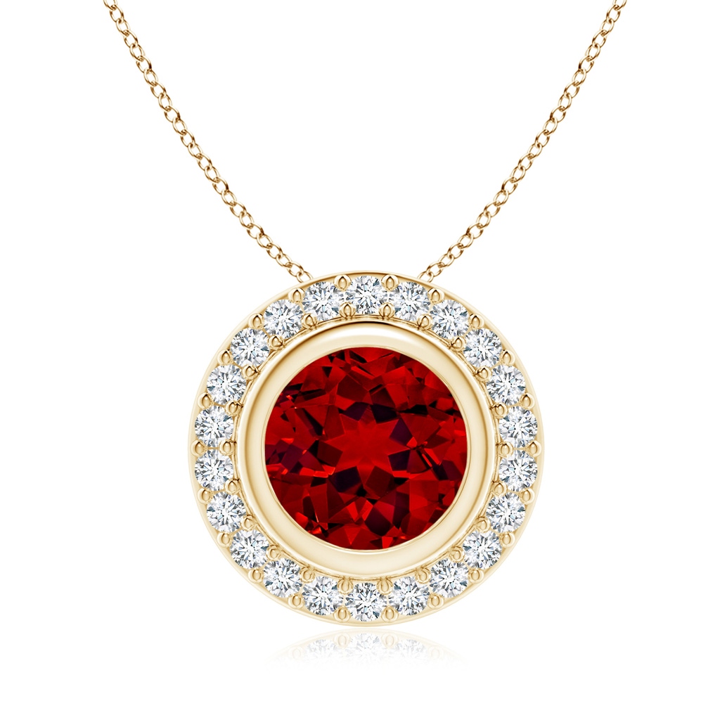 8mm Labgrown Round Bezel-Set Lab-Grown Ruby Pendant with Diamond Halo in Yellow Gold