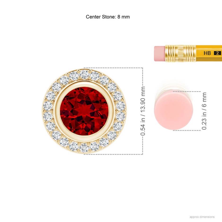 8mm Labgrown Round Bezel-Set Lab-Grown Ruby Pendant with Diamond Halo in Yellow Gold ruler