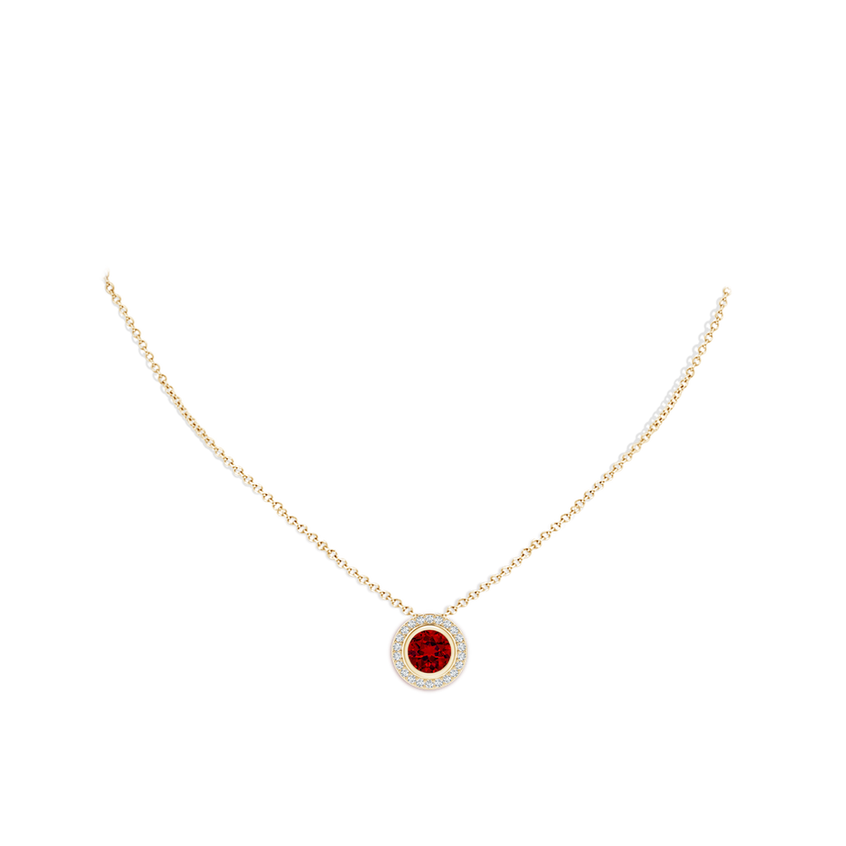 8mm Labgrown Round Bezel-Set Lab-Grown Ruby Pendant with Diamond Halo in Yellow Gold pen