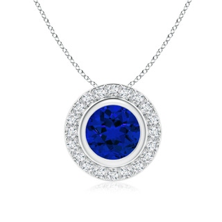 7mm Labgrown Round Bezel-Set Lab-Grown Blue Sapphire Pendant with Diamond Halo in White Gold