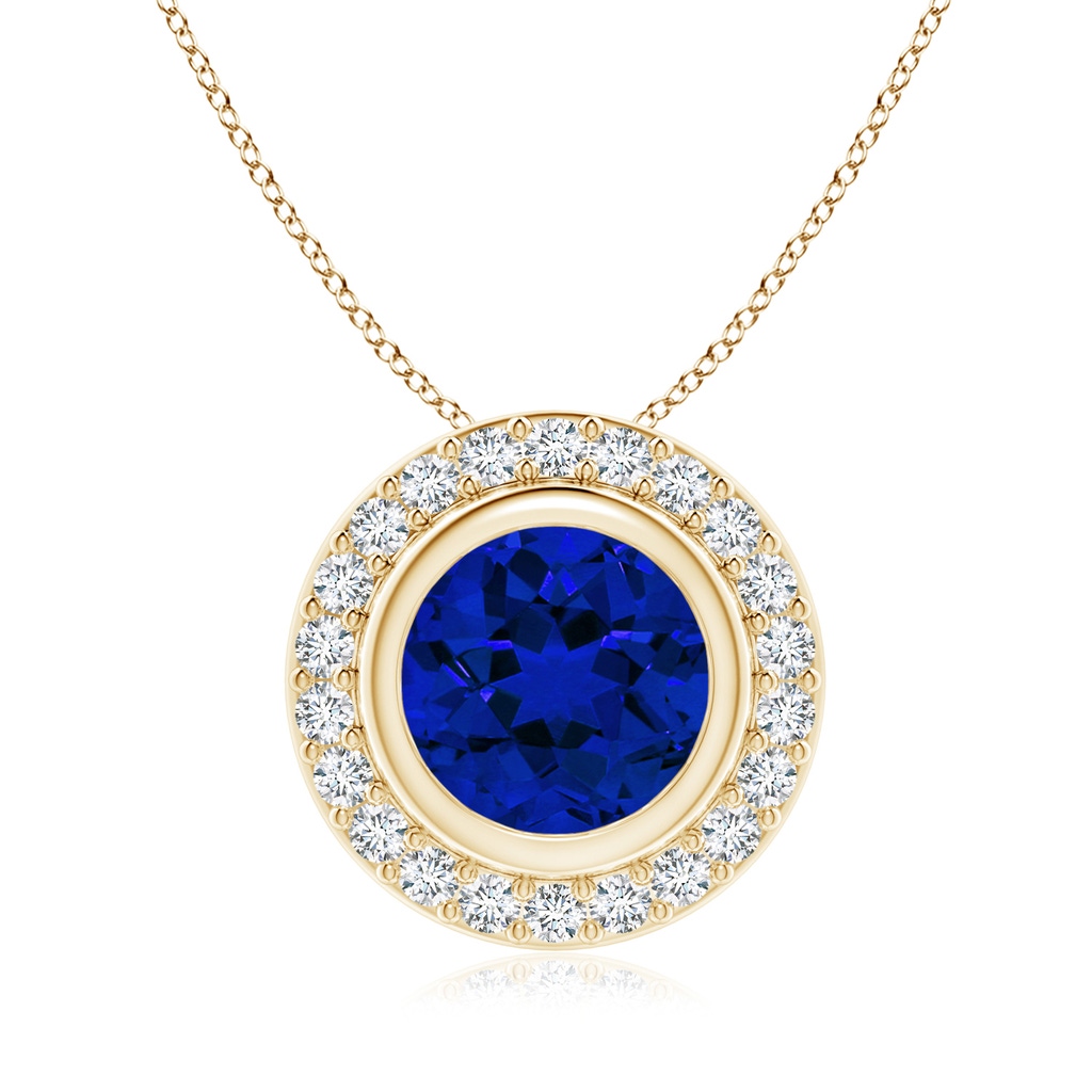 8mm Labgrown Round Bezel-Set Lab-Grown Blue Sapphire Pendant with Diamond Halo in Yellow Gold