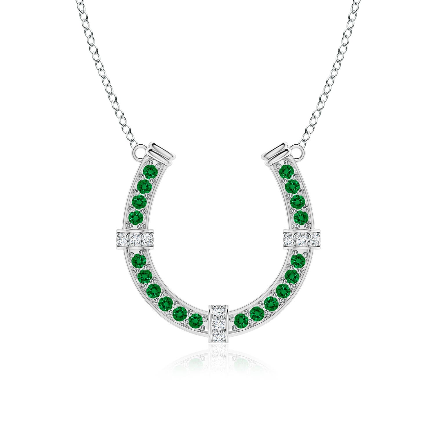 2.5mm Labgrown Lab-Grown Pave-Set Emerald and Diamond Horseshoe Pendant Necklace in White Gold