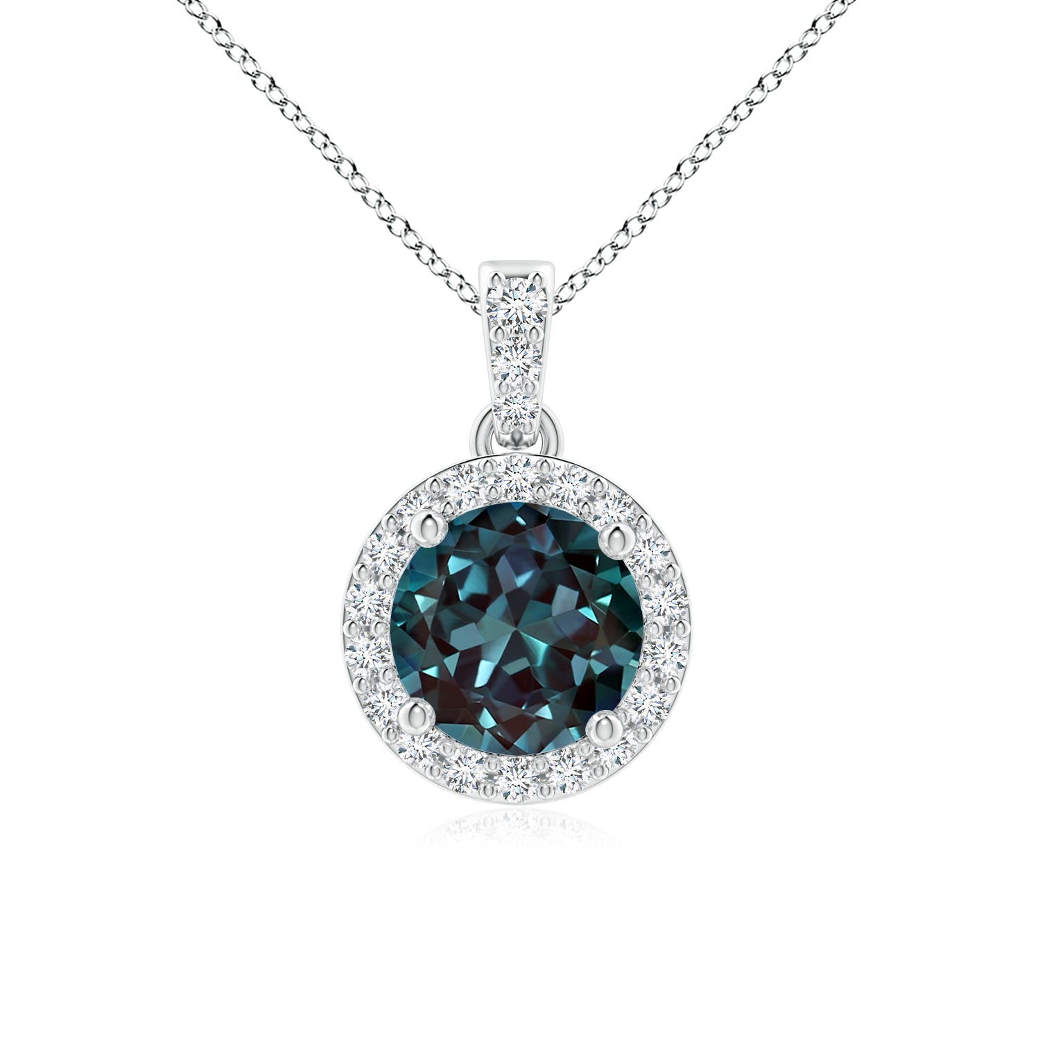 6mm Labgrown Round Lab-Grown Alexandrite Dangle Pendant with Halo in 18K White Gold