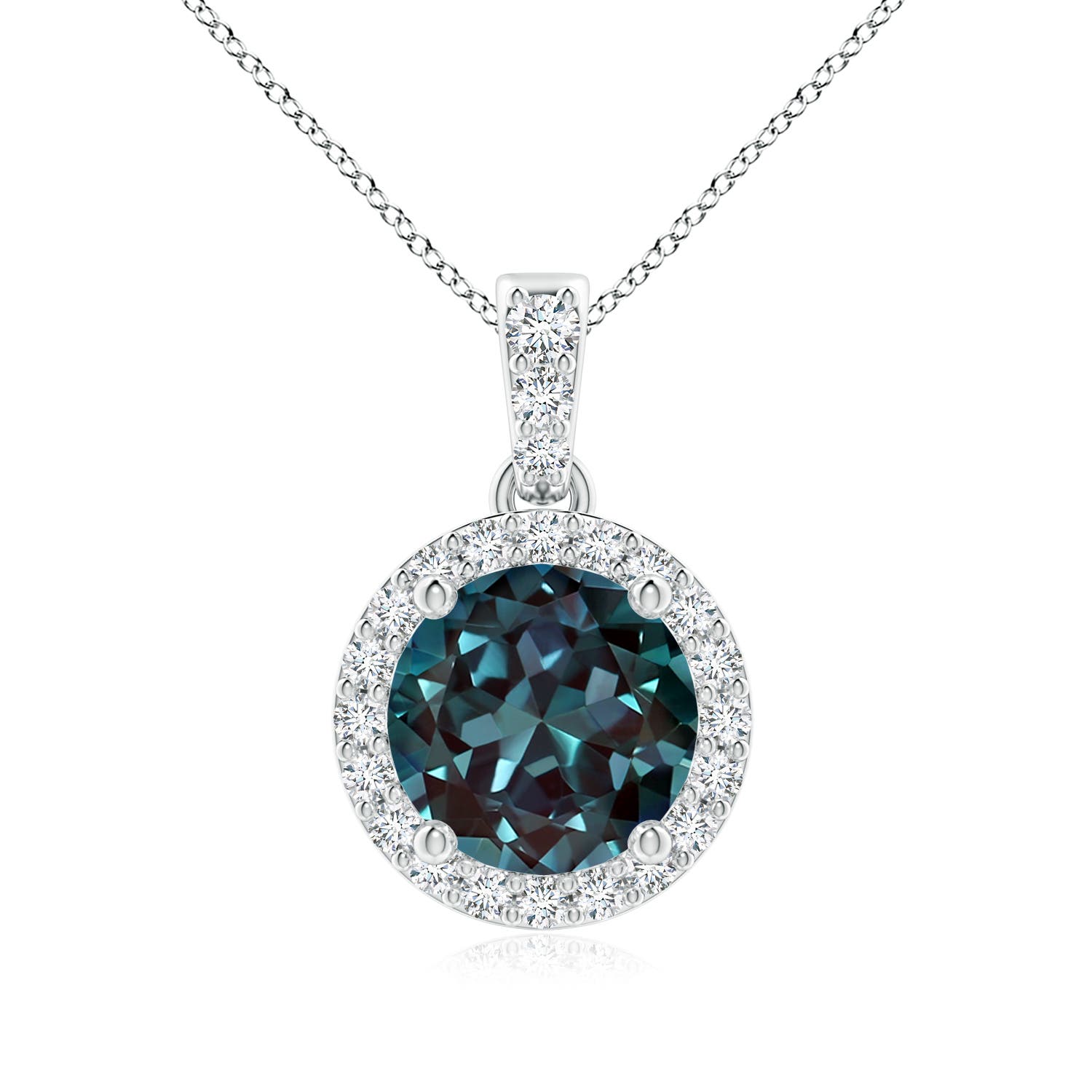 7mm Labgrown Round Lab-Grown Alexandrite Dangle Pendant with Halo in 18CT White Gold