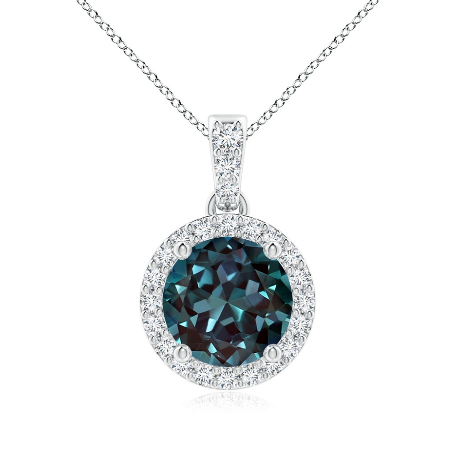 7mm Labgrown Round Lab-Grown Alexandrite Dangle Pendant with Halo in 18K White Gold 
