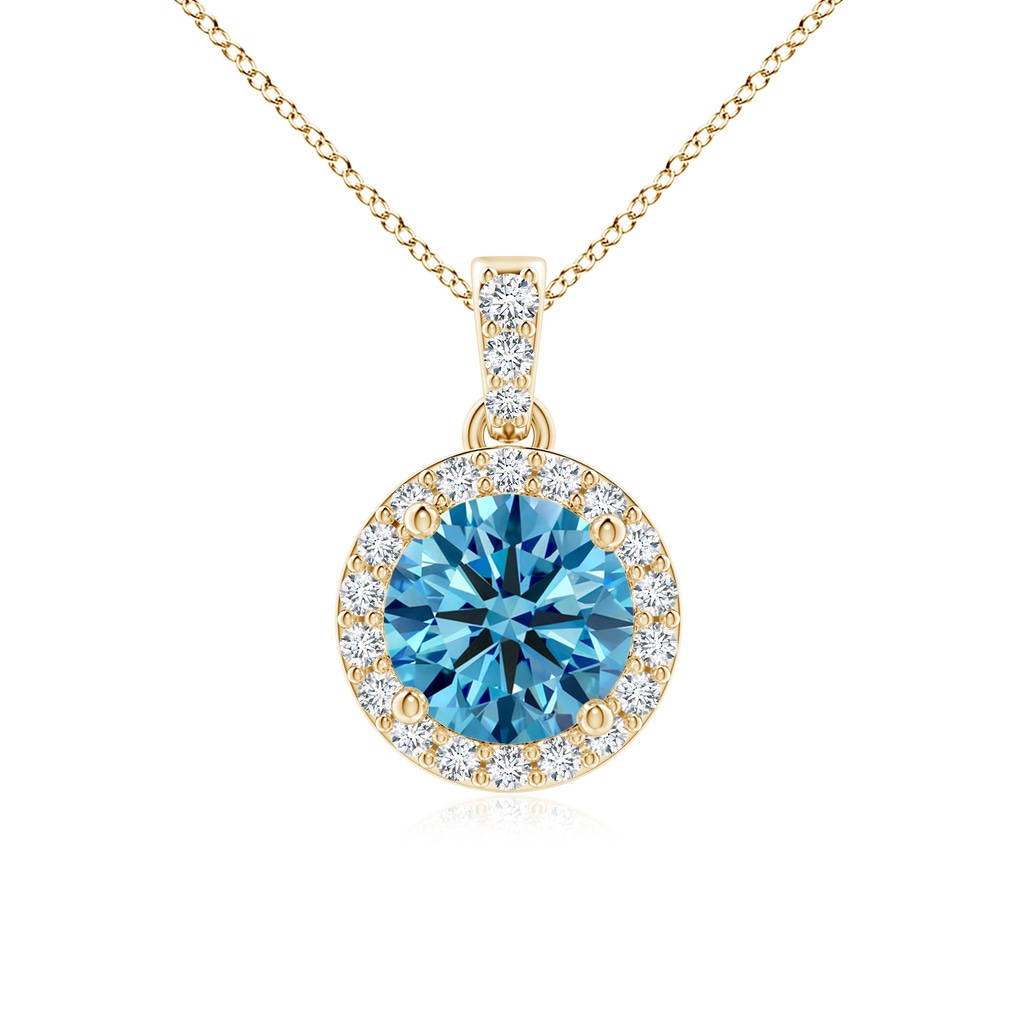 6mm Labgrown Round Lab-Grown Fancy Intense Blue Diamond Dangle Pendant with Halo in Yellow Gold