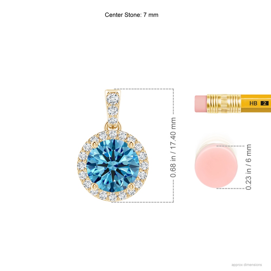 7mm Labgrown Round Lab-Grown Fancy Intense Blue Diamond Dangle Pendant with Halo in Yellow Gold ruler