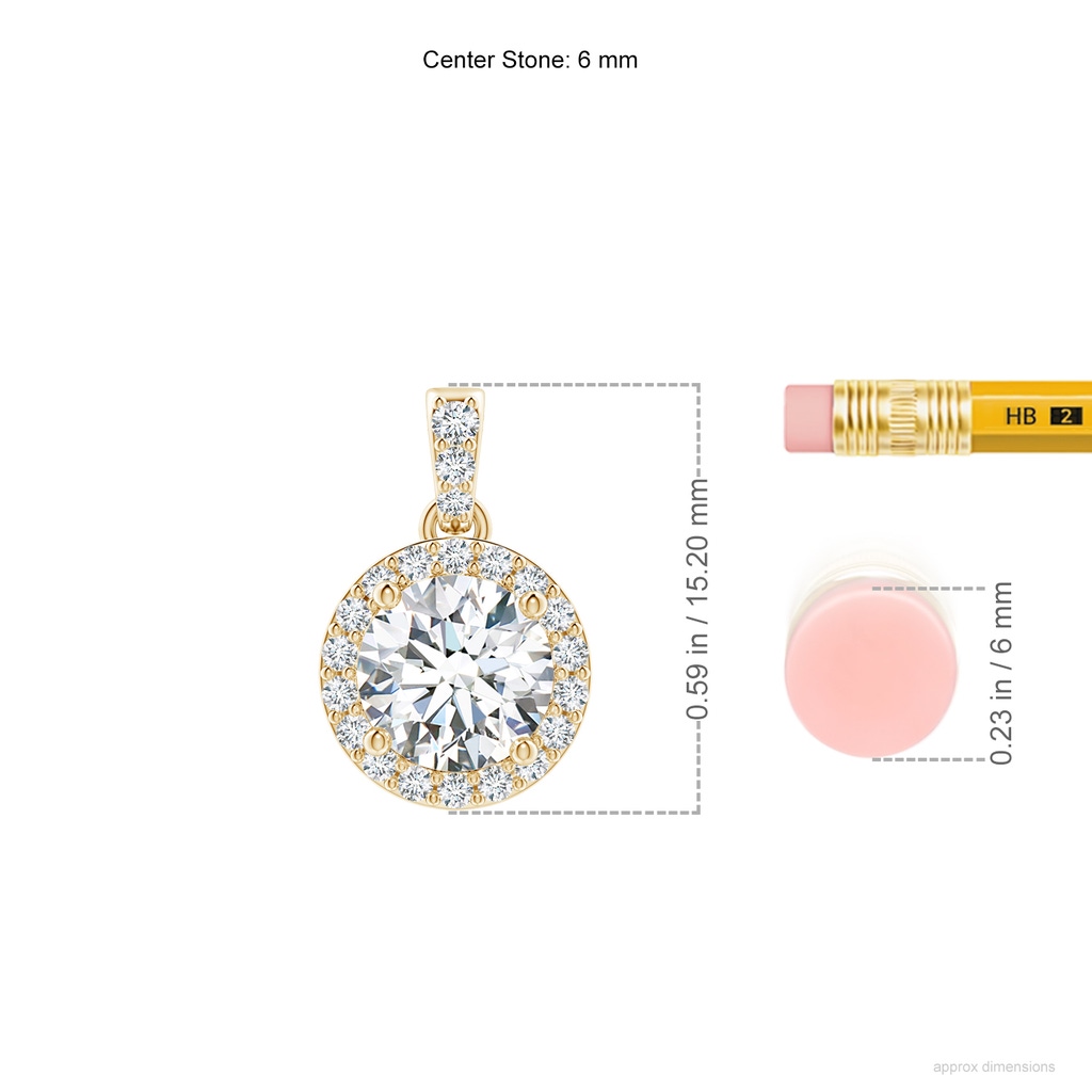 6mm FGVS Lab-Grown Round Diamond Dangle Pendant with Halo in Yellow Gold ruler