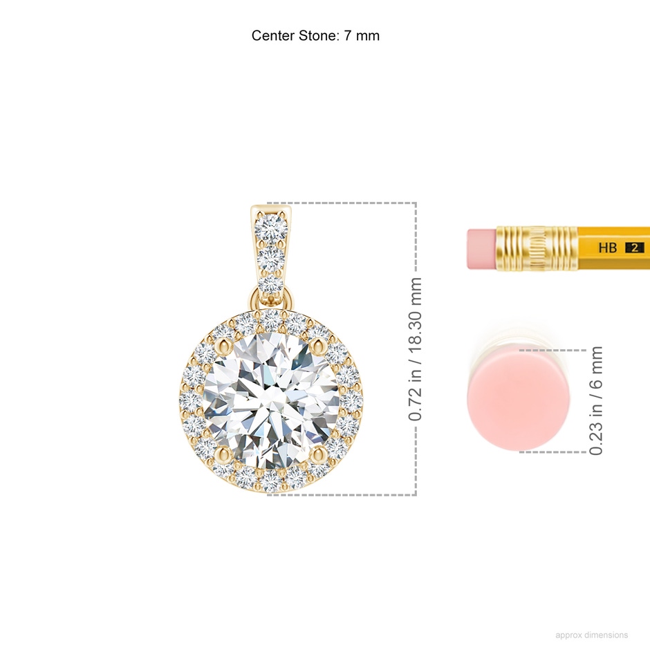 7mm FGVS Lab-Grown Round Diamond Dangle Pendant with Halo in Yellow Gold ruler