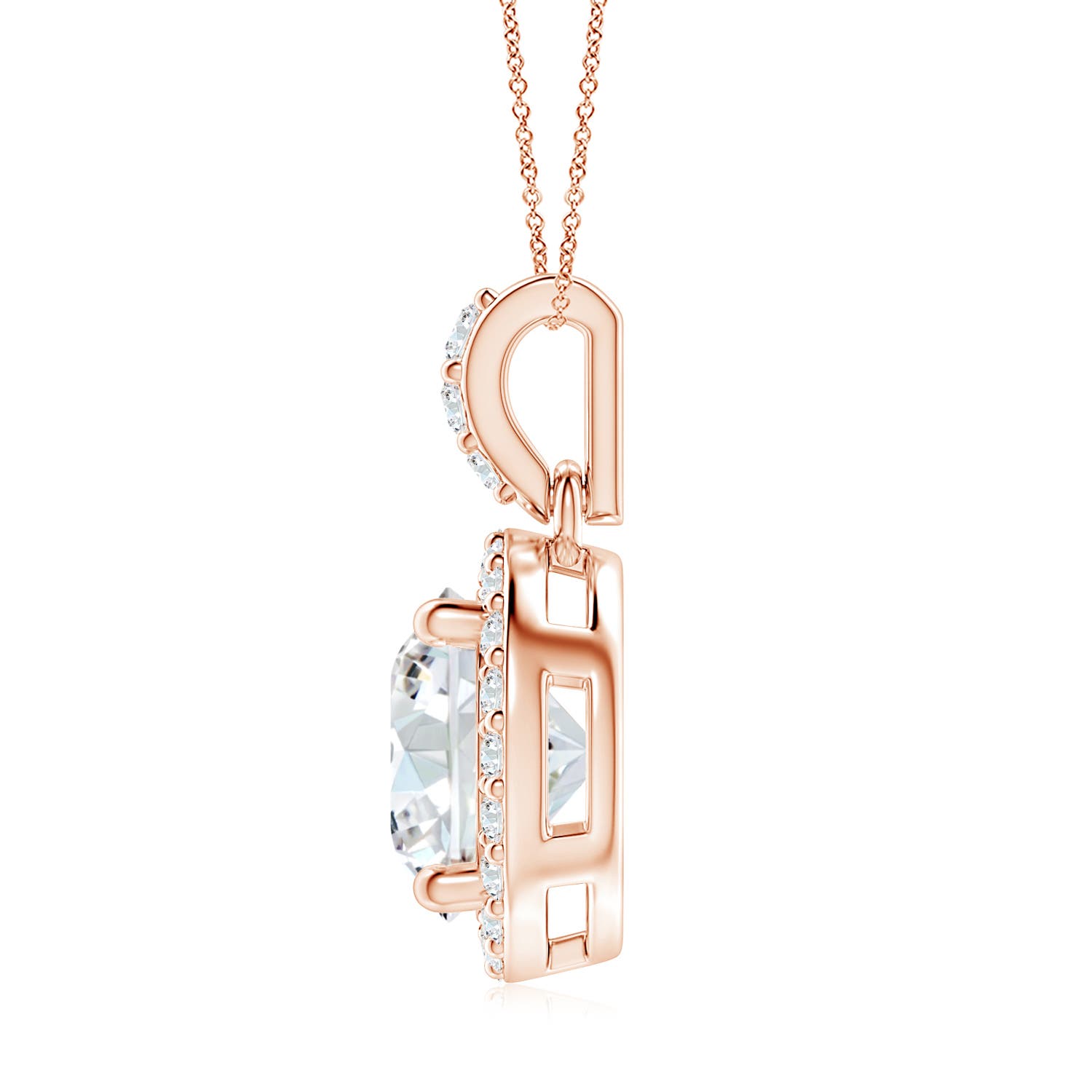 8.1mm FGVS Lab-Grown Round Diamond Dangle Pendant with Halo in 18K Rose Gold