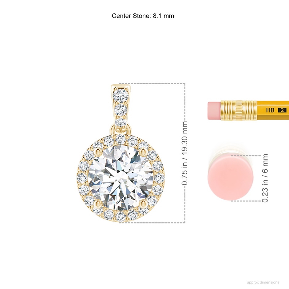 8.1mm FGVS Lab-Grown Round Diamond Dangle Pendant with Halo in Yellow Gold ruler