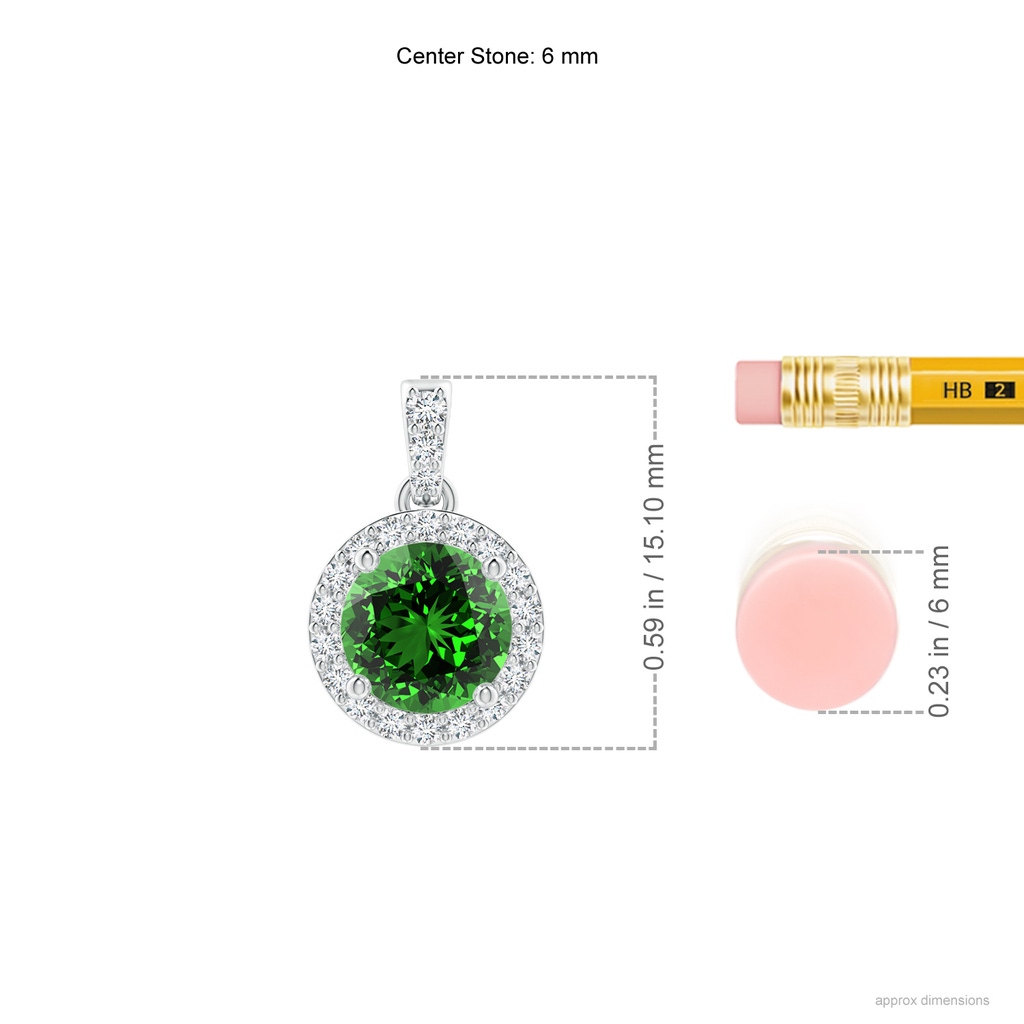 6mm Labgrown Lab-Grown Round Emerald Dangle Pendant with Diamond Halo in 9K White Gold ruler