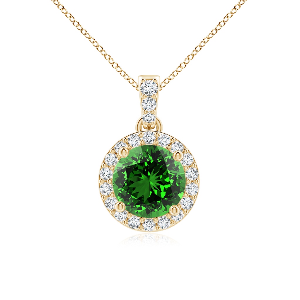 6mm Labgrown Lab-Grown Round Emerald Dangle Pendant with Diamond Halo in Yellow Gold
