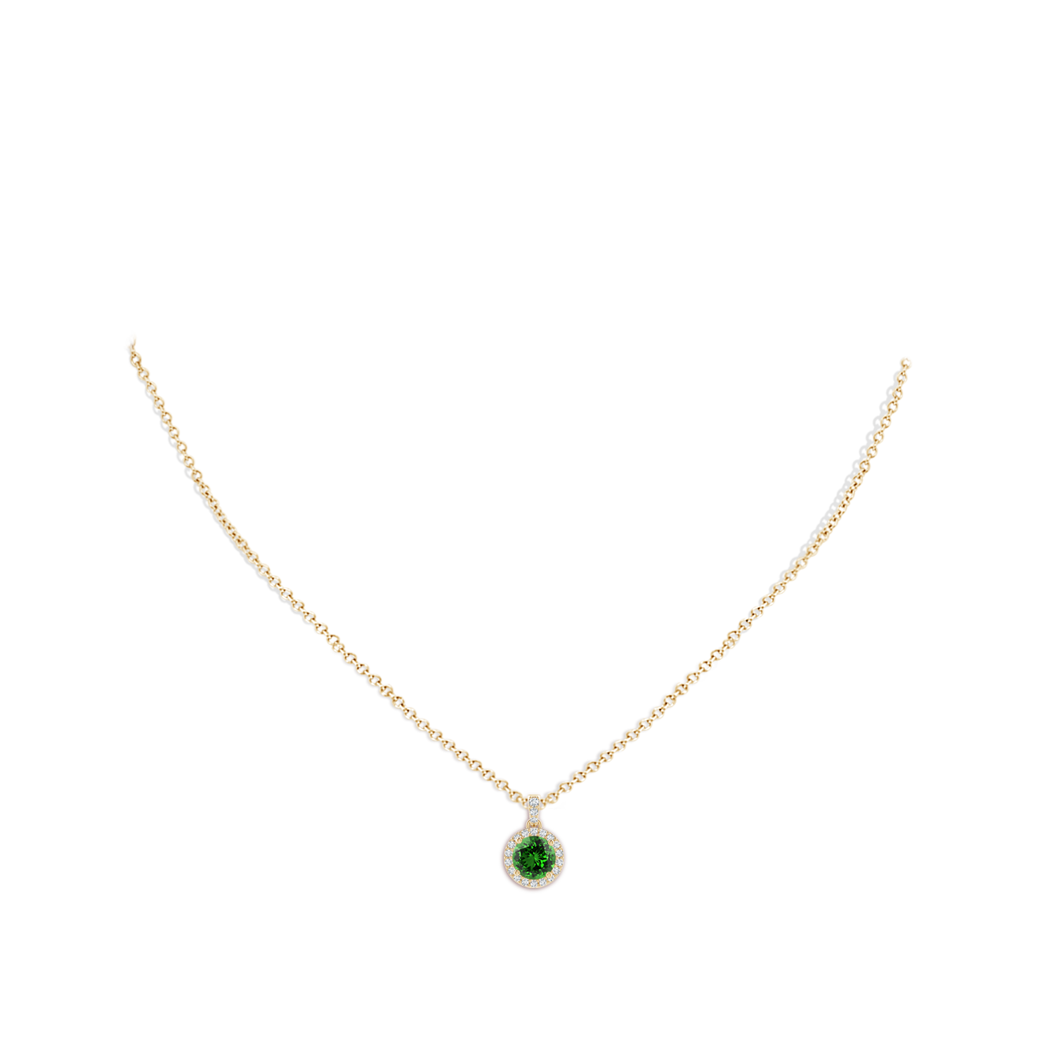 6mm Labgrown Lab-Grown Round Emerald Dangle Pendant with Lab Diamond Halo in Yellow Gold - body_neck