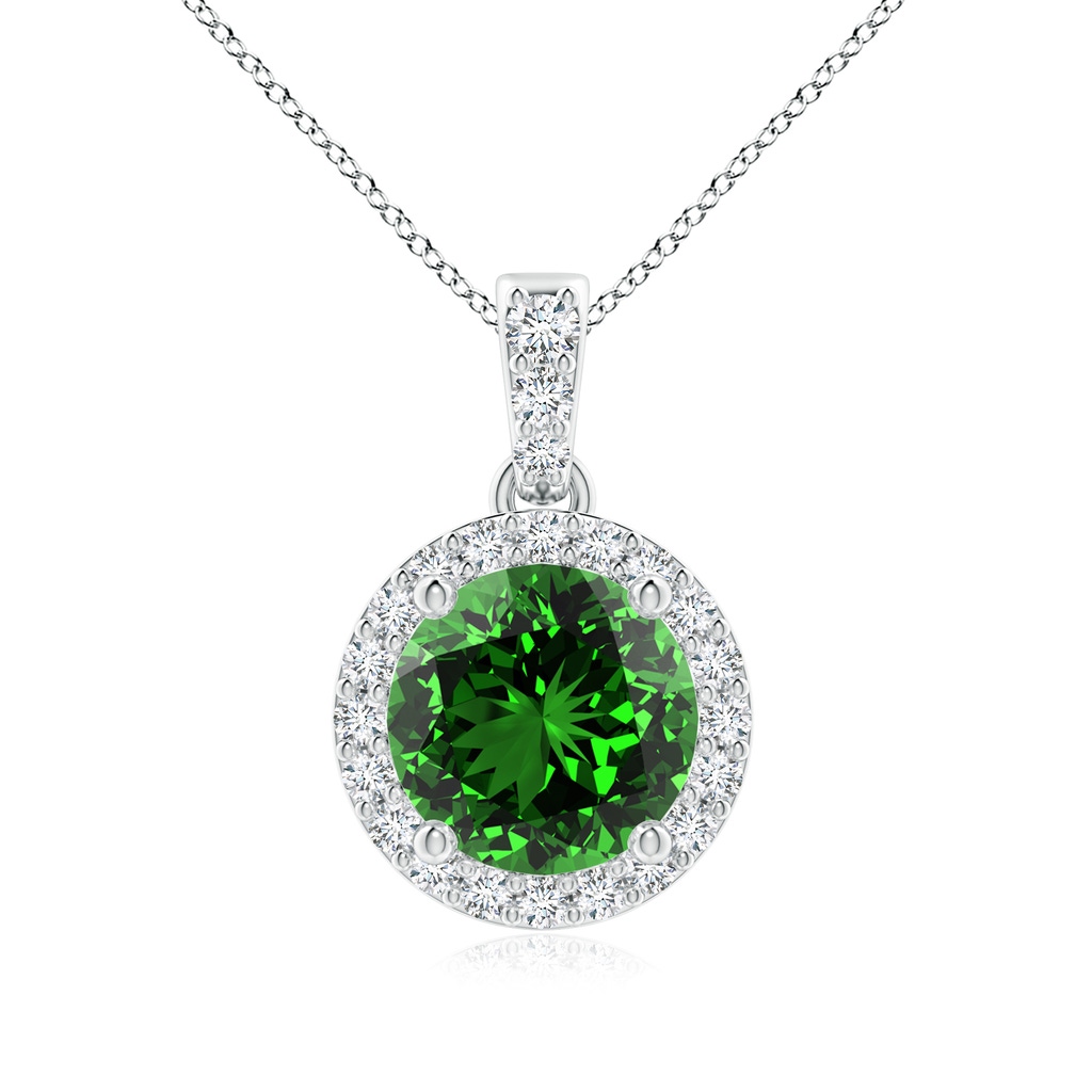 7mm Labgrown Lab-Grown Round Emerald Dangle Pendant with Lab Diamond Halo in P950 Platinum