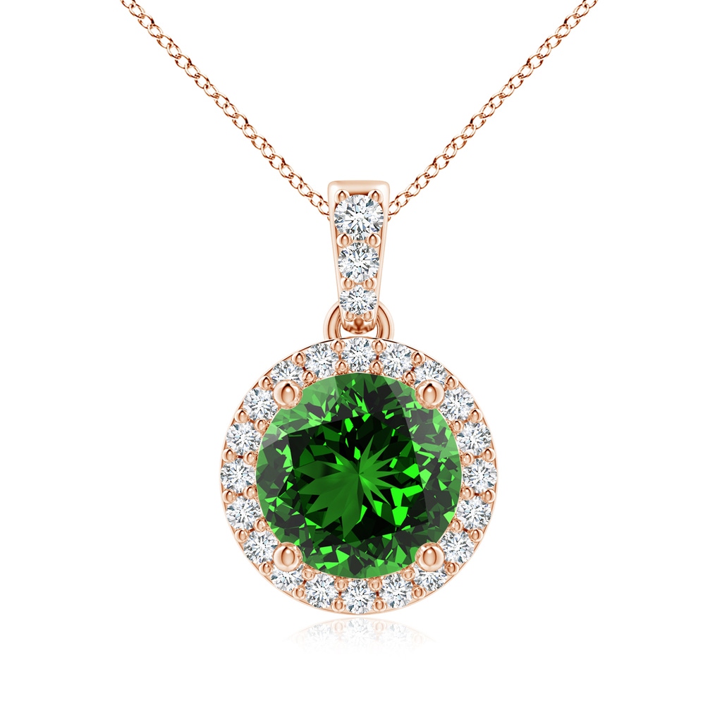 7mm Labgrown Lab-Grown Round Emerald Dangle Pendant with Diamond Halo in Rose Gold
