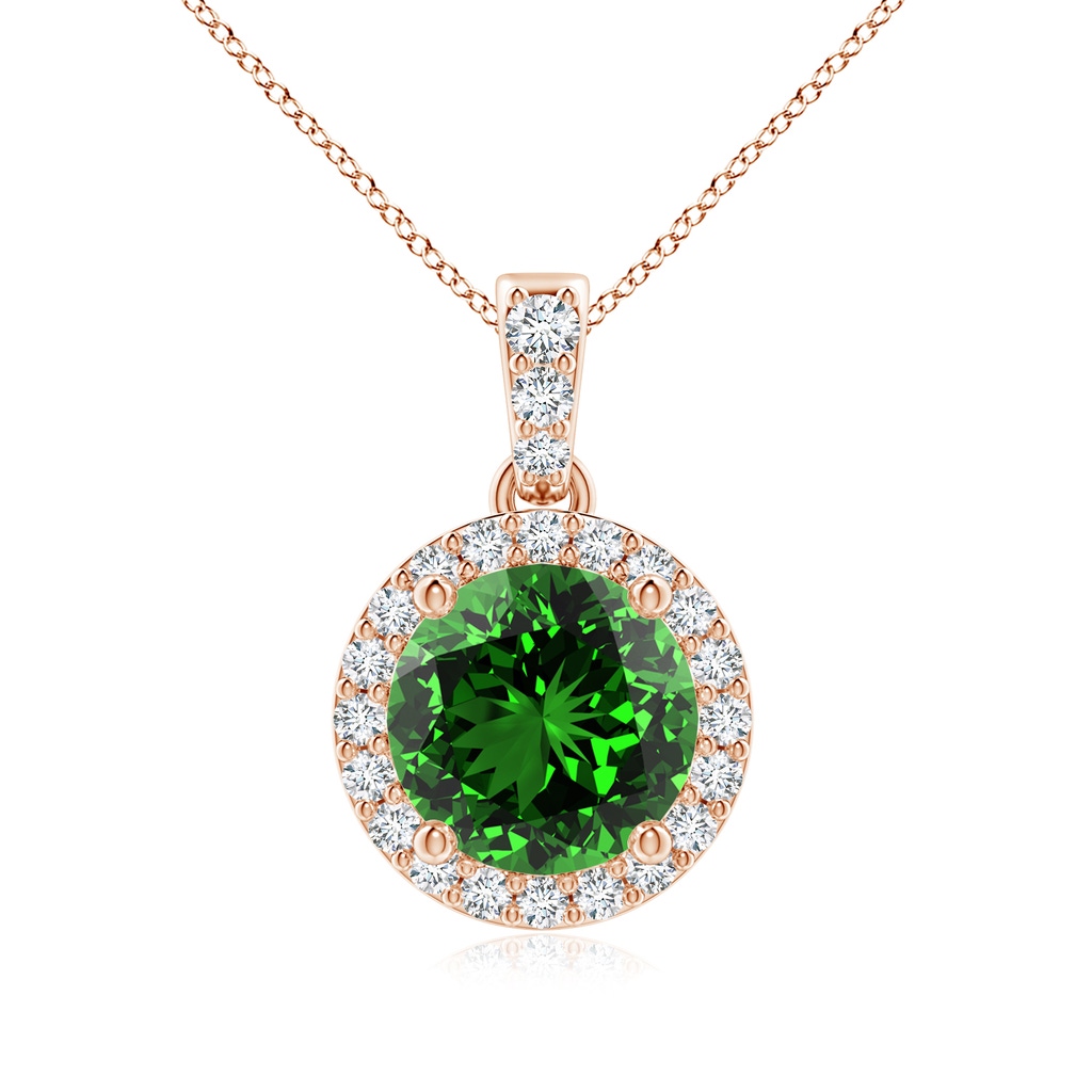 7mm Labgrown Lab-Grown Round Emerald Dangle Pendant with Lab Diamond Halo in Rose Gold