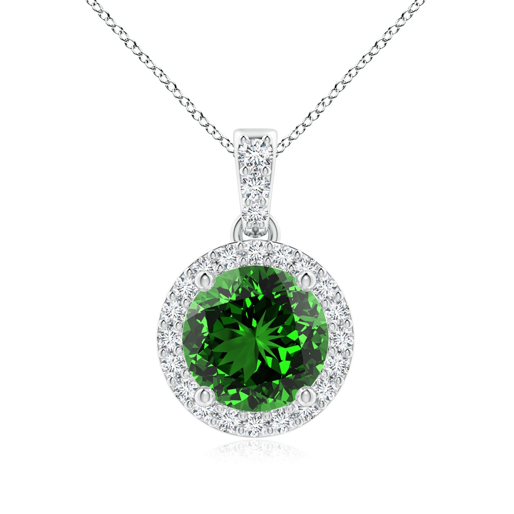 7mm Labgrown Lab-Grown Round Emerald Dangle Pendant with Diamond Halo in White Gold