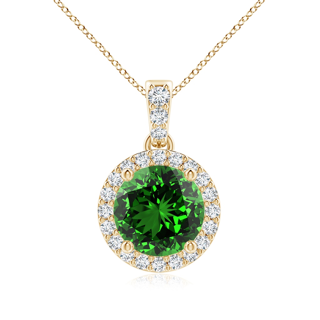 7mm Labgrown Lab-Grown Round Emerald Dangle Pendant with Diamond Halo in Yellow Gold