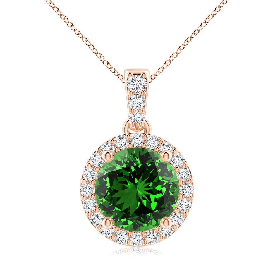 8mm Labgrown Lab-Grown Round Emerald Dangle Pendant with Lab Diamond Halo in 18K Rose Gold 