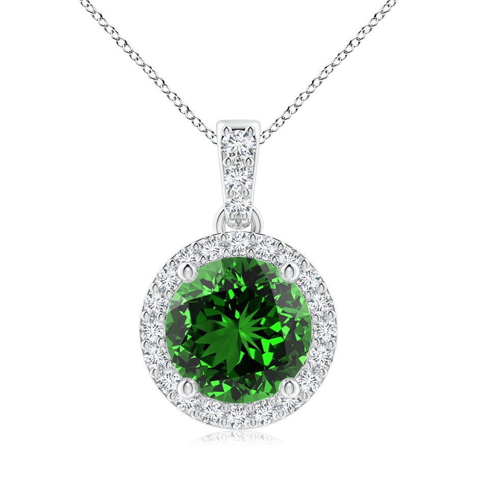 8mm Labgrown Lab-Grown Round Emerald Dangle Pendant with Lab Diamond Halo in 18K White Gold 
