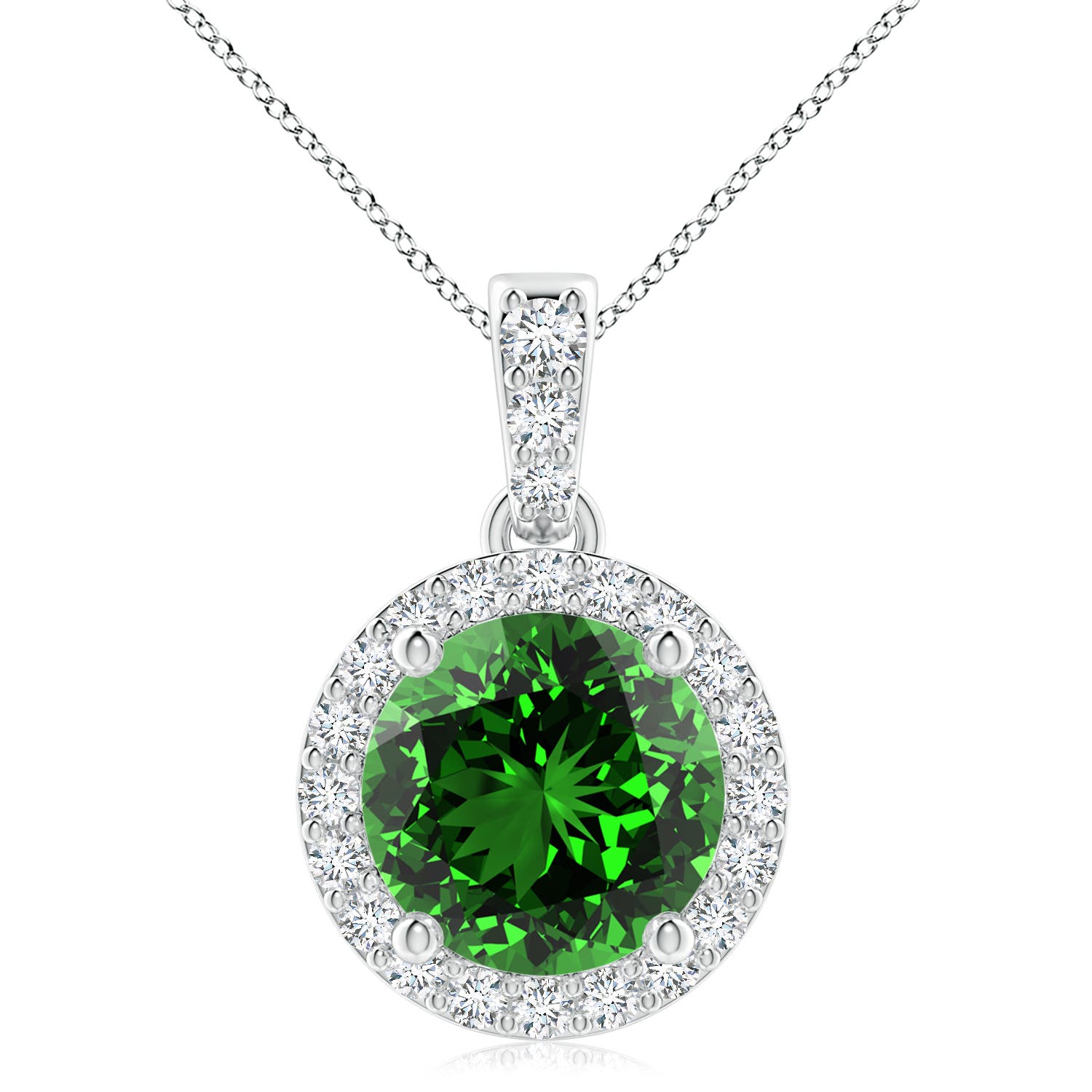 9mm Labgrown Lab-Grown Round Emerald Dangle Pendant with Lab Diamond Halo in 18CT White Gold