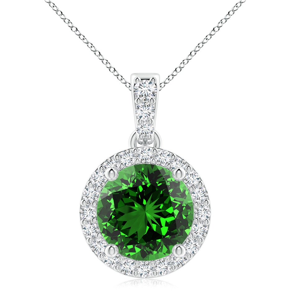 9mm Labgrown Lab-Grown Round Emerald Dangle Pendant with Lab Diamond Halo in 18K White Gold 