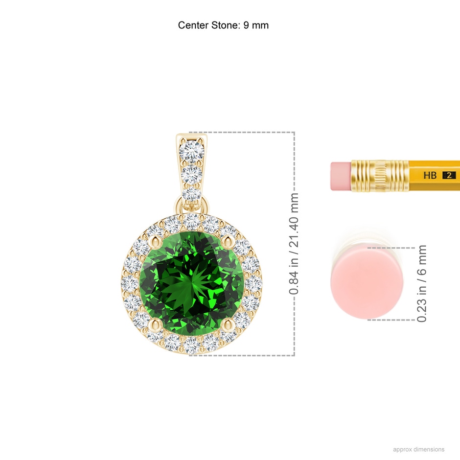 9mm Labgrown Lab-Grown Round Emerald Dangle Pendant with Lab Diamond Halo in 18K Yellow Gold ruler
