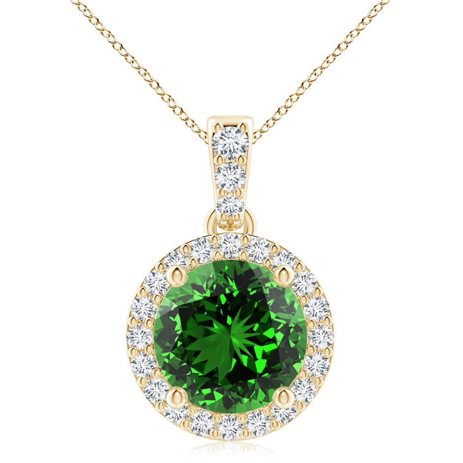 9mm Labgrown Lab-Grown Round Emerald Dangle Pendant with Lab Diamond Halo in Yellow Gold 