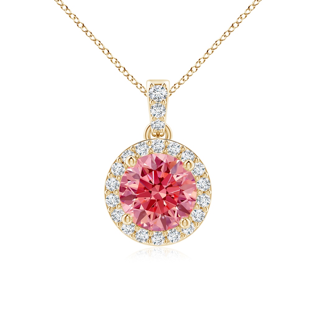 6mm Labgrown Round Lab-Grown Fancy Intense Pink Diamond Dangle Pendant with Halo in Yellow Gold