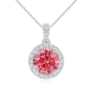 7mm Labgrown Round Lab-Grown Fancy Intense Pink Diamond Dangle Pendant with Halo in White Gold