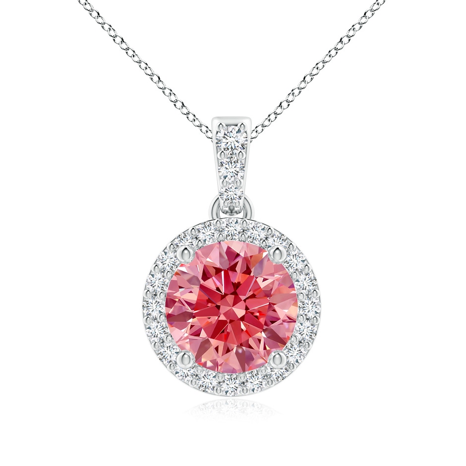 7mm Labgrown Round Lab-Grown Fancy Intense Pink Diamond Dangle Pendant with Halo in White Gold 