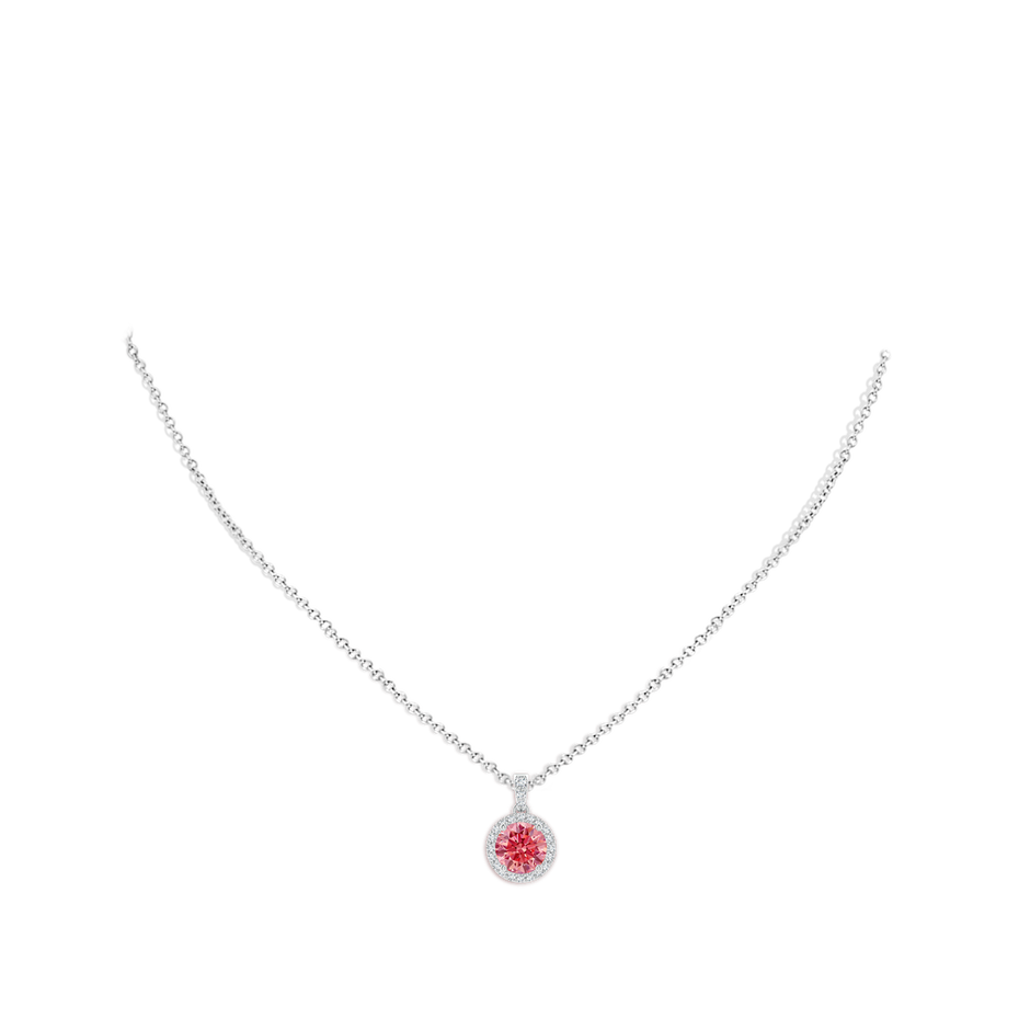 7mm Labgrown Round Lab-Grown Fancy Intense Pink Diamond Dangle Pendant with Halo in White Gold pen