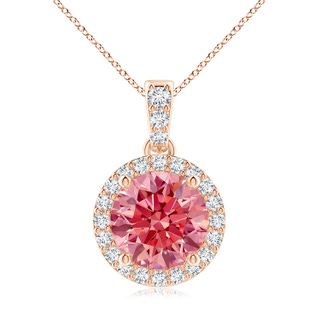 8.1mm Labgrown Round Lab-Grown Fancy Intense Pink Diamond Dangle Pendant with Halo in 18K Rose Gold