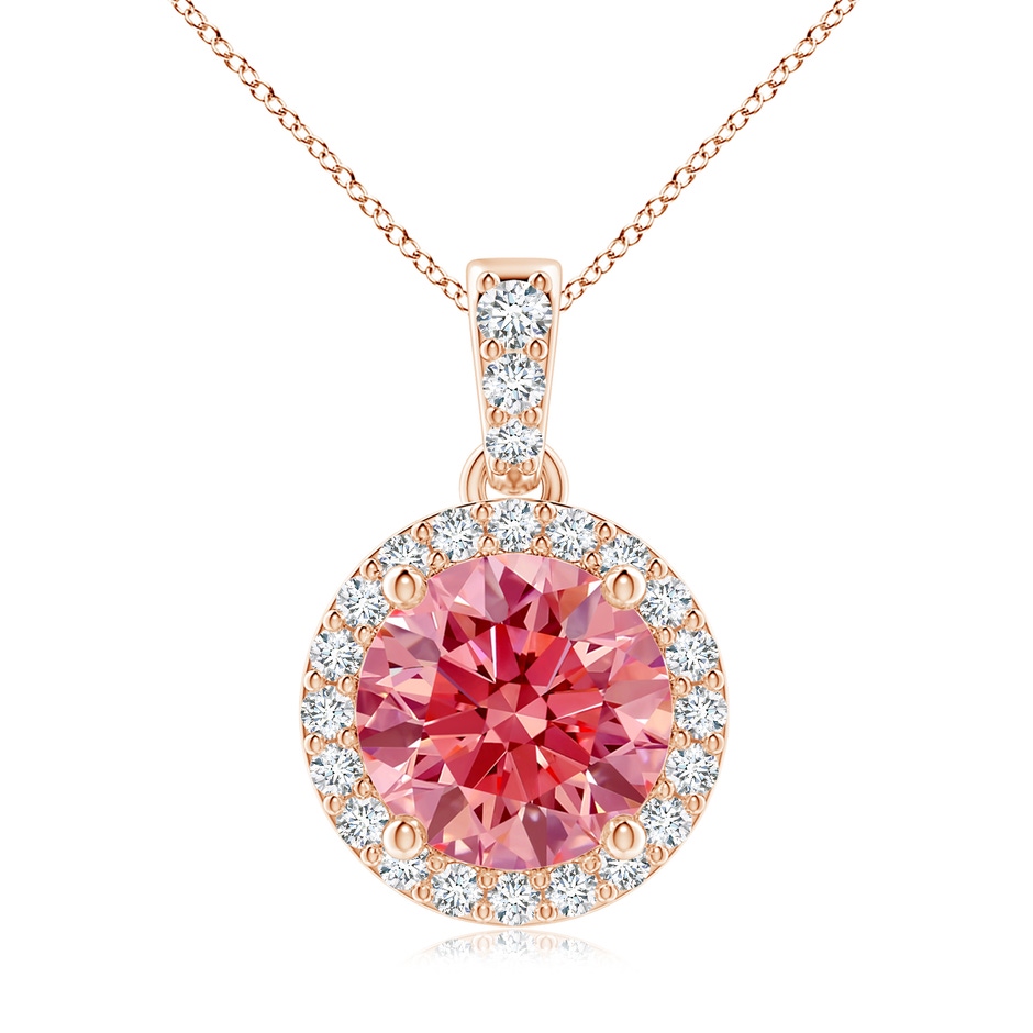8.1mm Labgrown Round Lab-Grown Fancy Intense Pink Diamond Dangle Pendant with Halo in Rose Gold 