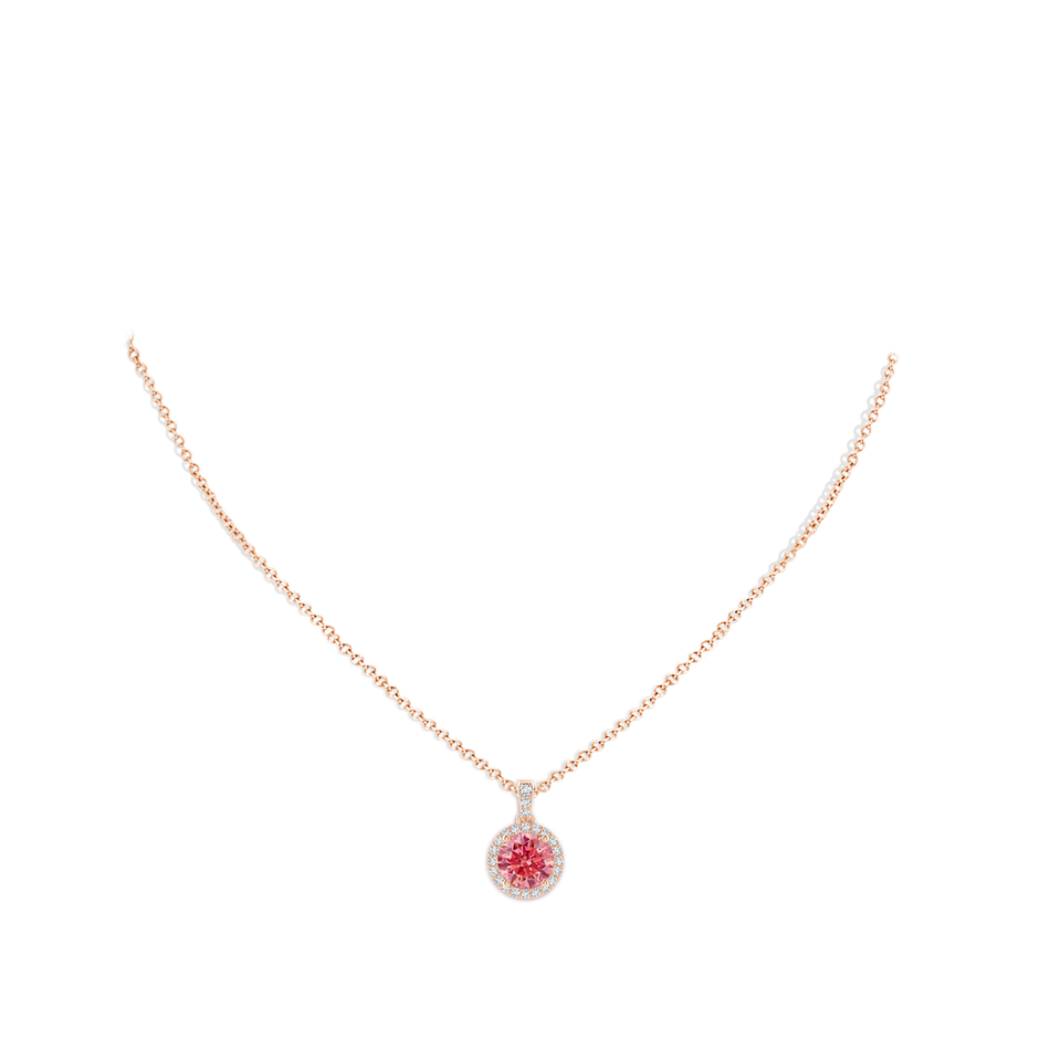 8.1mm Labgrown Round Lab-Grown Fancy Intense Pink Diamond Dangle Pendant with Halo in Rose Gold pen