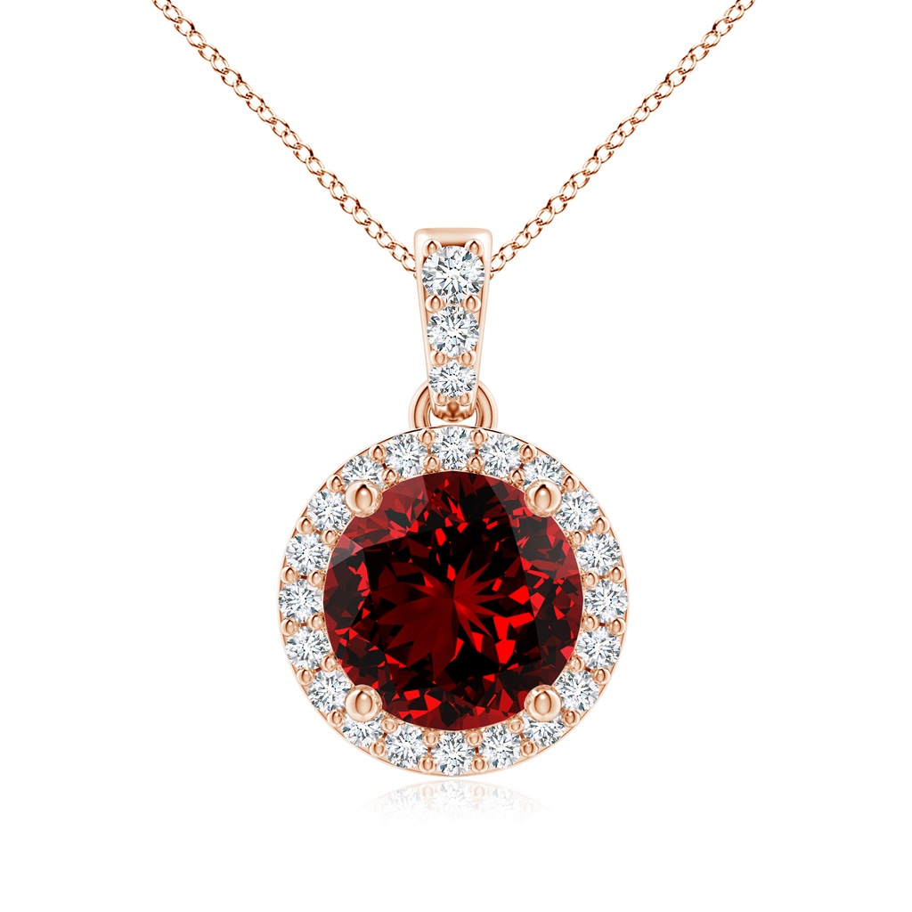 7mm Labgrown Lab-Grown Round Ruby Dangle Pendant with Diamond Halo in Rose Gold