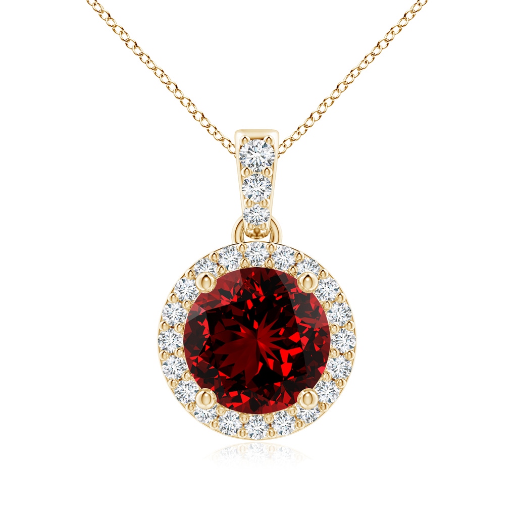 7mm Labgrown Lab-Grown Round Ruby Dangle Pendant with Diamond Halo in Yellow Gold