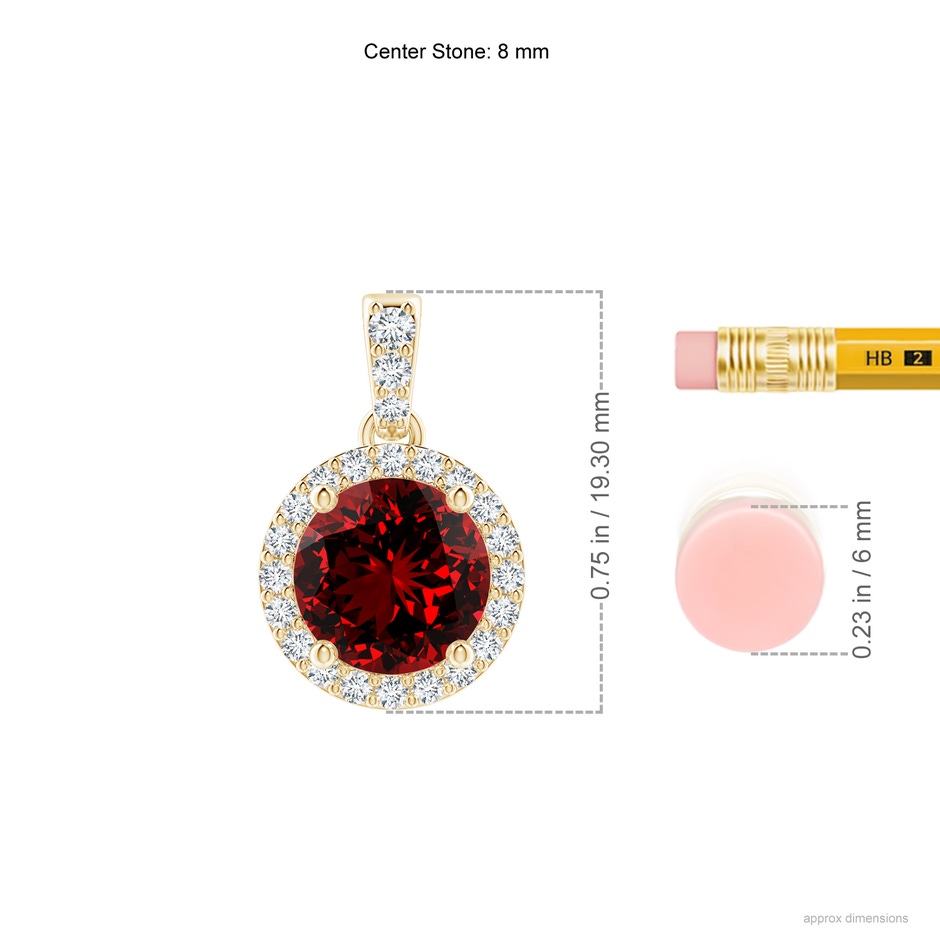 8mm Labgrown Lab-Grown Round Ruby Dangle Pendant with Diamond Halo in Yellow Gold ruler