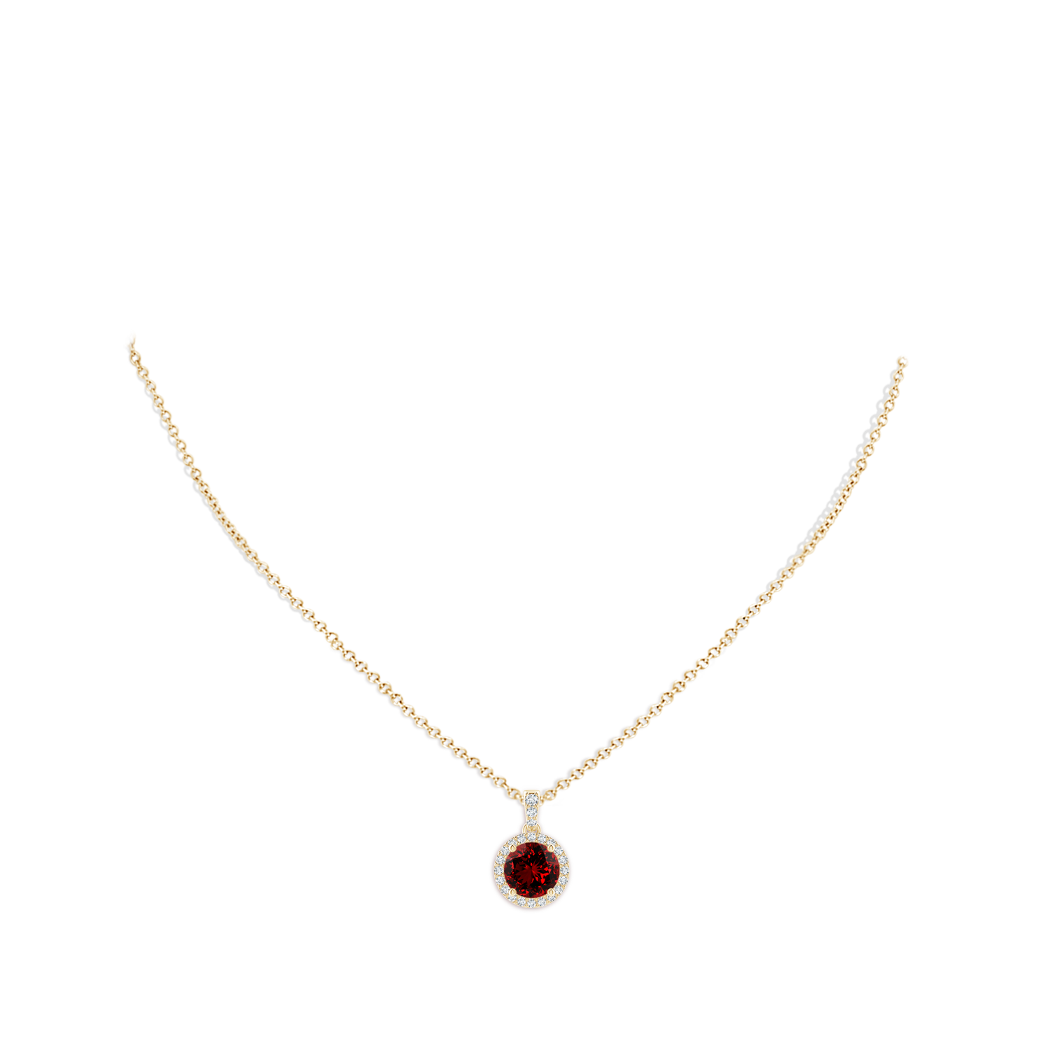 8mm Labgrown Lab-Grown Round Ruby Dangle Pendant with Diamond Halo in Yellow Gold - body_neck
