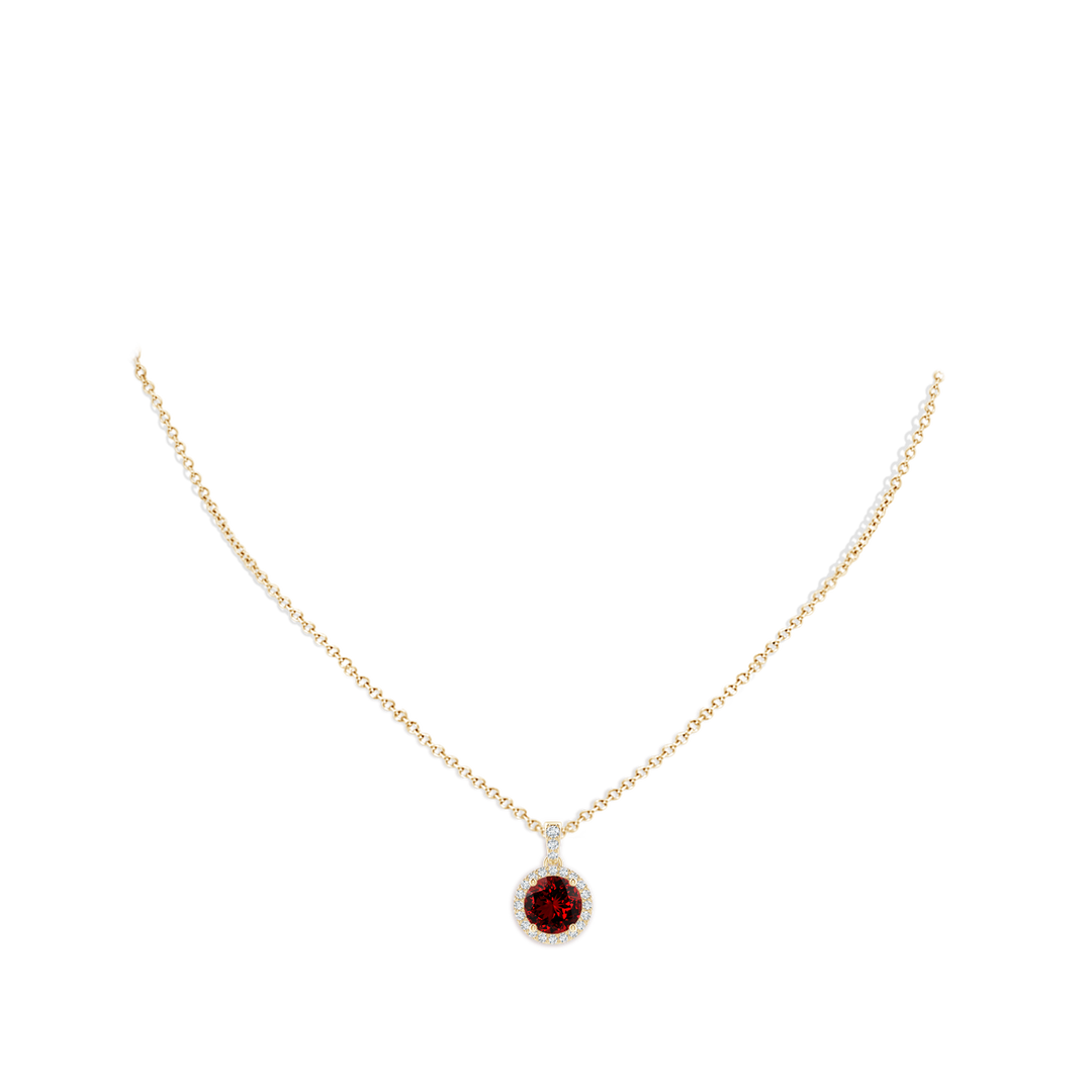 8mm Labgrown Lab-Grown Round Ruby Dangle Pendant with Diamond Halo in Yellow Gold - body_neck