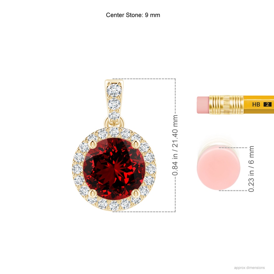 9mm Labgrown Lab-Grown Round Ruby Dangle Pendant with Diamond Halo in Yellow Gold ruler