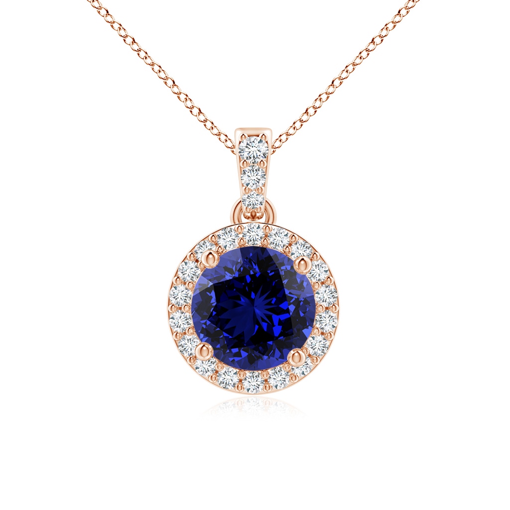 6mm Labgrown Lab-Grown Round Sapphire Dangle Pendant with Diamond Halo in Rose Gold