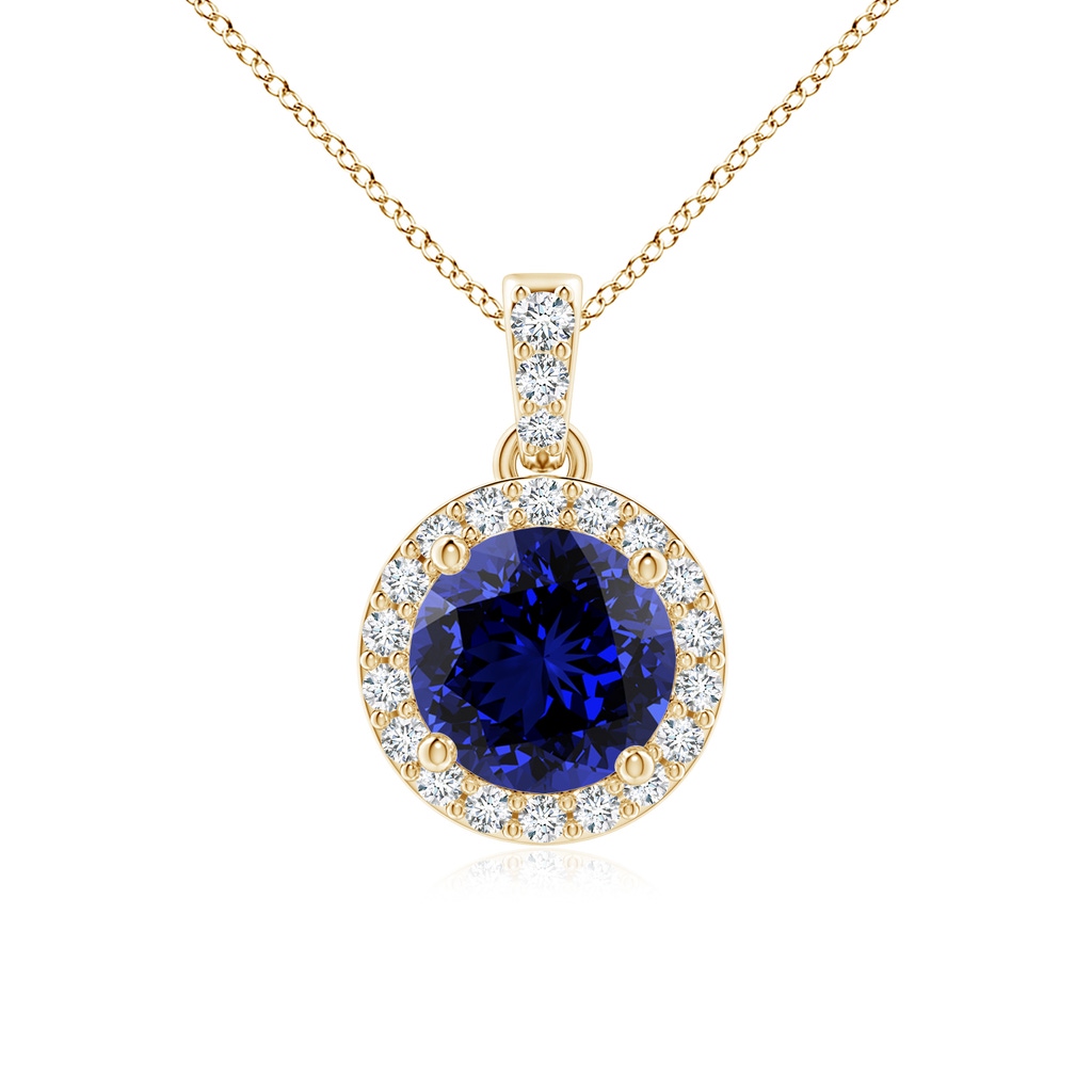 6mm Labgrown Lab-Grown Round Sapphire Dangle Pendant with Diamond Halo in Yellow Gold