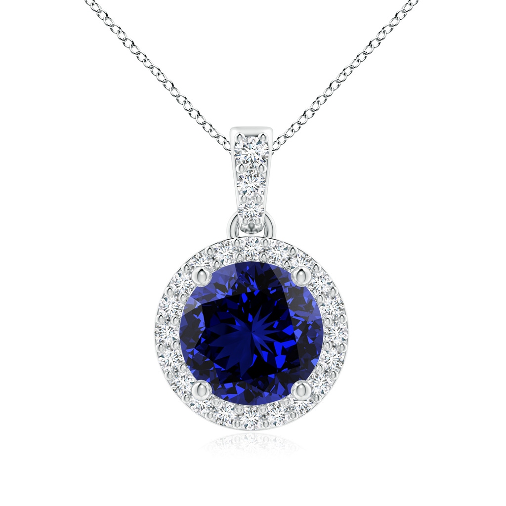 7mm Labgrown Lab-Grown Round Sapphire Dangle Pendant with Diamond Halo in White Gold