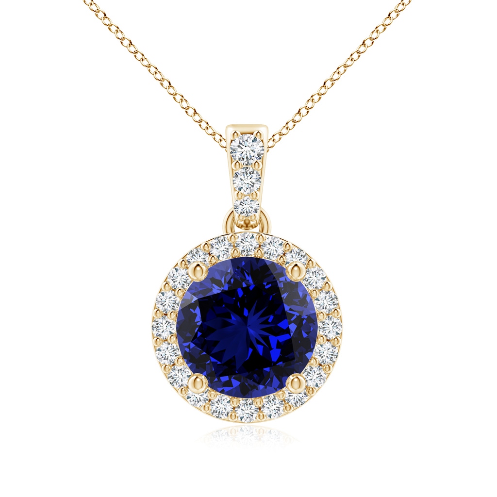 7mm Labgrown Lab-Grown Round Sapphire Dangle Pendant with Diamond Halo in Yellow Gold