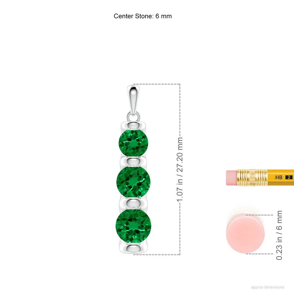 6mm Labgrown Three Stone Round Lab-Grown Emerald Journey Pendant in White Gold ruler