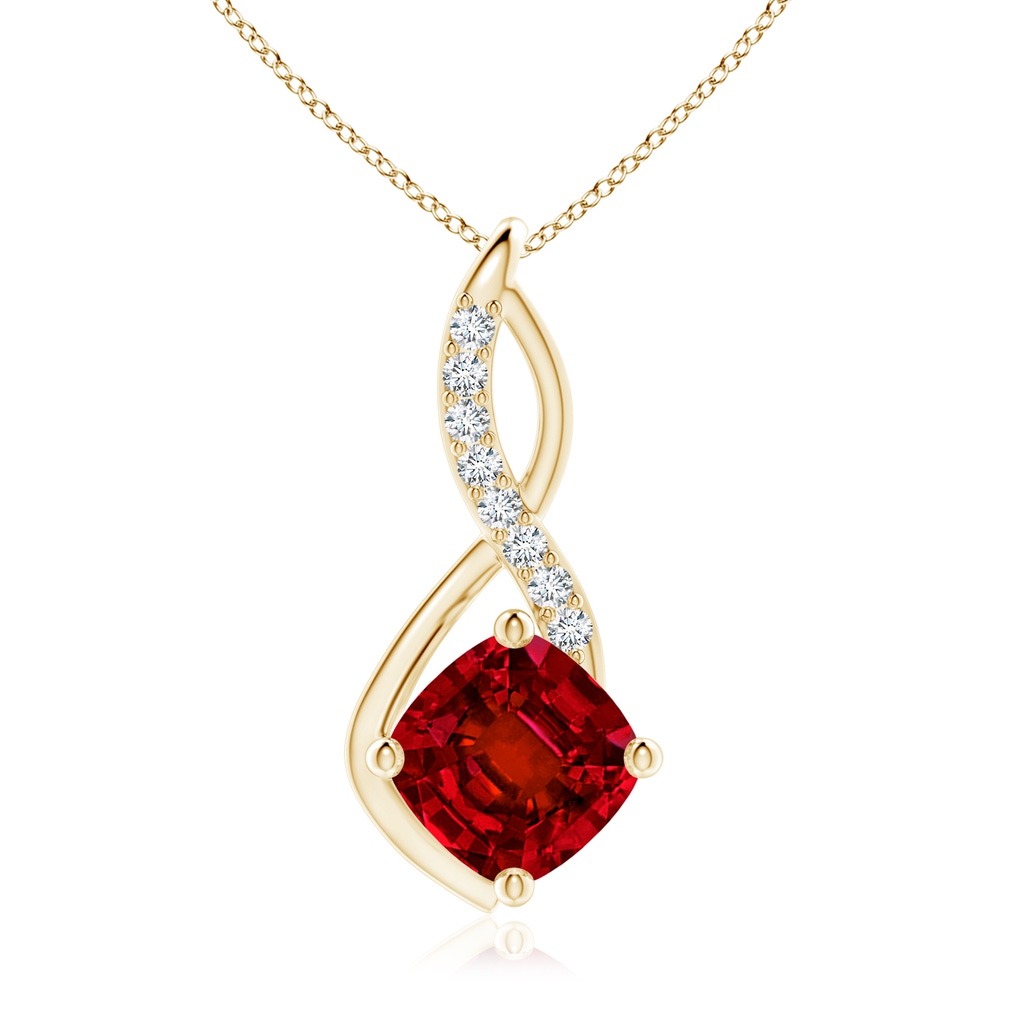 10mm Labgrown Cushion Lab-Grown Ruby Infinity Pendant with Diamond Accents in Yellow Gold