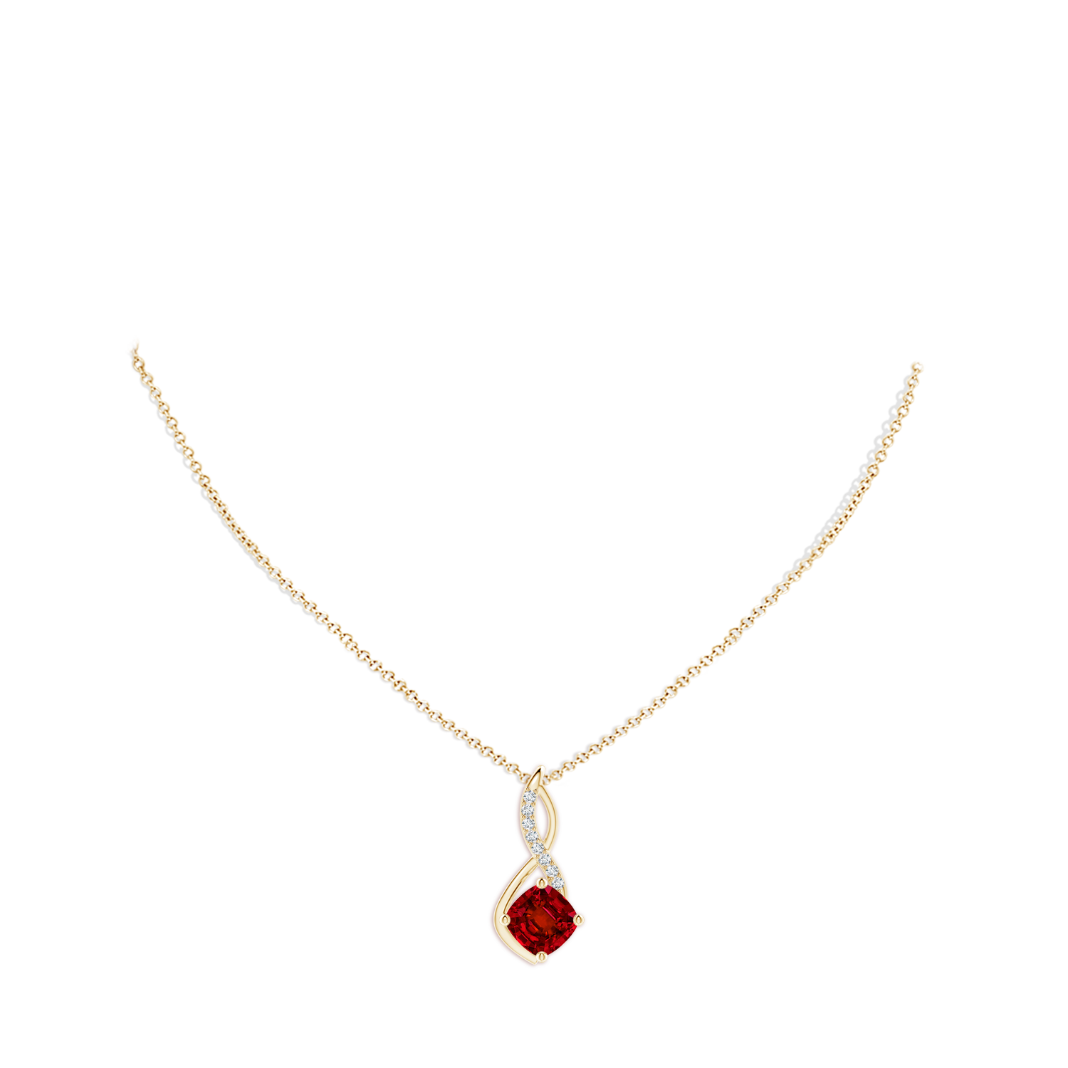 8mm Labgrown Cushion Lab-Grown Ruby Infinity Pendant with Diamond Accents in Yellow Gold - body_neck