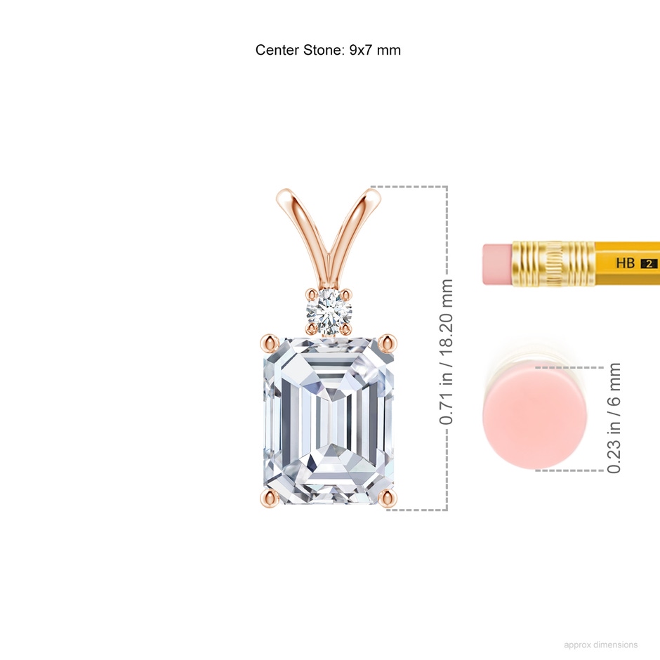 9x7mm FGVS Lab-Grown Emerald-Cut Diamond Solitaire Pendant with Diamond Accent in Rose Gold ruler
